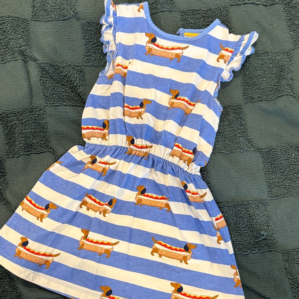 Mini Boden Striped Dachshund Dress in Blue and White